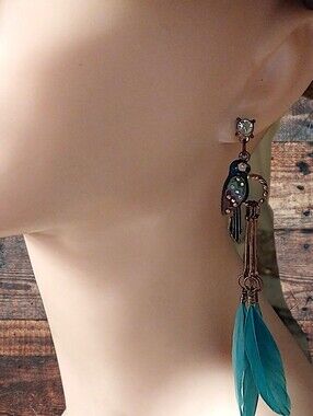 Boho Teal Feather Parrot Drop Earrings